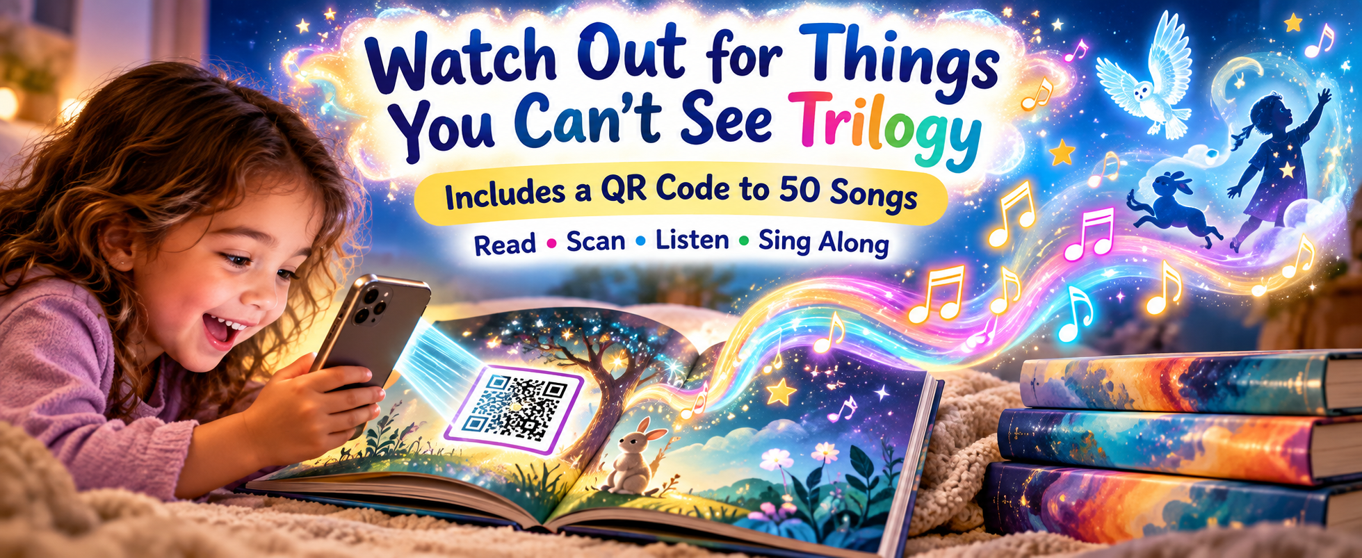 Watch Out for Things You Can't See Trilogy banner showing QR code songs feature